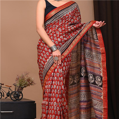 Red Maheshwari Silk Saree with Floral Block Print