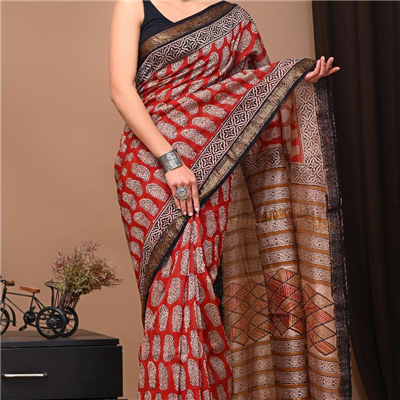 Red Maheshwari Silk Saree with Hand Block Print