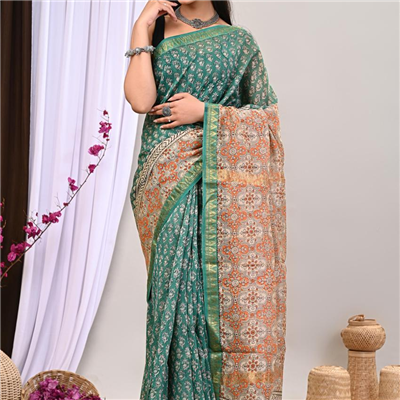 Green Maheshwari Hand Block Print Saree with Ornate Pallu