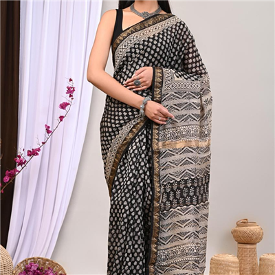 Black and White Block Print Saree with Geometric Pallu