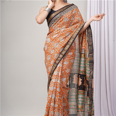 Luxurious Maheshwari Silk Saree with Hand Block Print Detailing