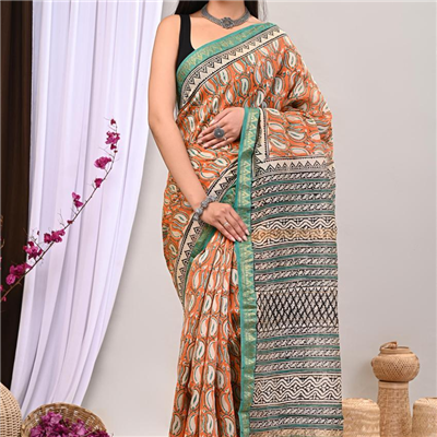 Classic Maheshwari Silk Saree with Artistic Hand Block Prints