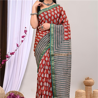 Traditional Maheshwari Silk Saree in Handcrafted Block Print Design