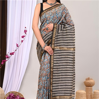 Elegant Hand Block Printed Maheshwari Silk Saree with Blouse
