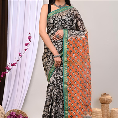 Black Floral Saree with Contrasting Orange Pallu