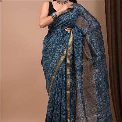 Handloom Blue and Gold Block Print Saree