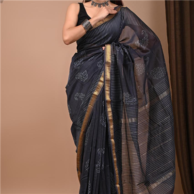 Charcoal Grey Block Print Saree with Leaf and Stripe Motifs