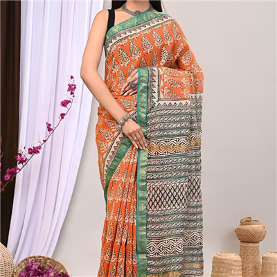 Vibrant Orange Saree with Teal and Geometric Pallu