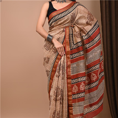 Rustic Beige and Red Block Print Saree