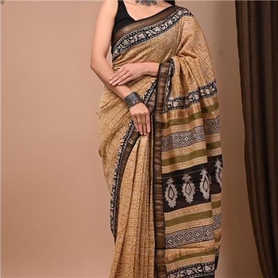 Classic Beige and Black Block Print Saree