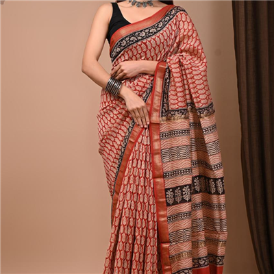 Bold Red Block Print Saree with Geometric, floral Pallu