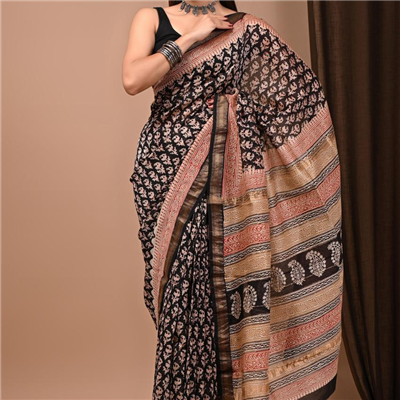 Elegant Black and Beige Block Print Saree