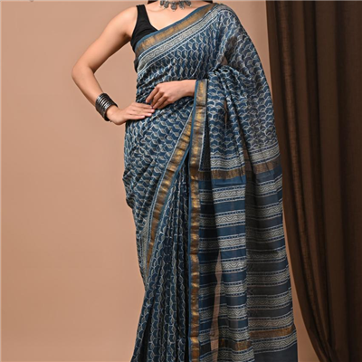 Chic Teal Blue Saree with White Block Prints
