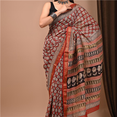 Traditional Golden Yellow Block Print Saree