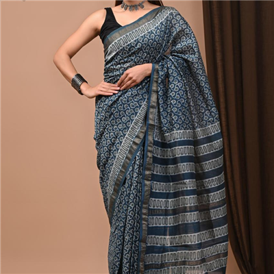 Deep Blue Saree with Intricate Block Print Patterns