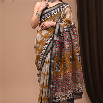 Rustic Mustard Saree with Bold Black and White Pallu