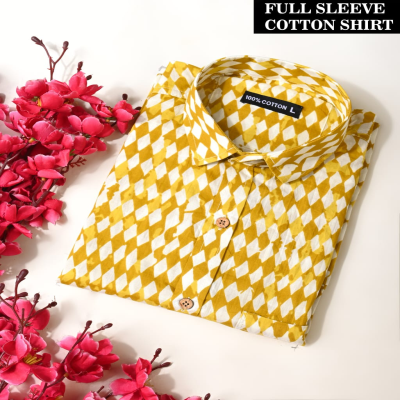 Mustard Yellow and White Hand-Block Printed Cotton Shirt
