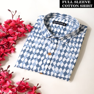 Blue and White Hand-Block Printed Geometric Cotton Shirt