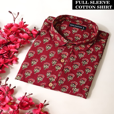 Maroon and Pink Floral Print Full Sleeve Cotton Shirt