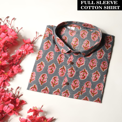 Grey and Pink Hand-Block Printed Kalka Cotton Shirt