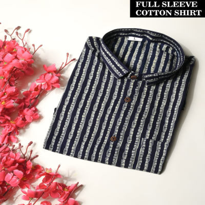 Navy Blue and Off-White Striped Leheriya Print Cotton Shirt