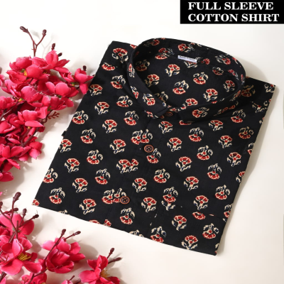 Black and Red Hand-Block Printed Floral Cotton Shirt