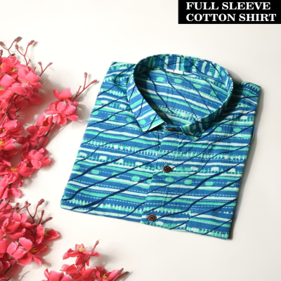 Blue and Teal Striped Leheriya Print Cotton Shirt