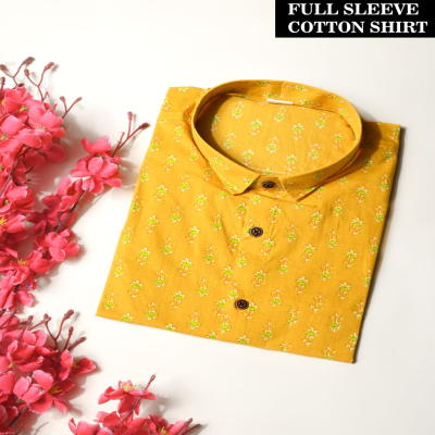 Mustard Yellow and Green Floral Hand-Block Printed Cotton Shirt