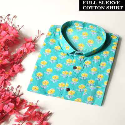 Aqua Green and Yellow Floral Hand-Block Printed Cotton Shirt