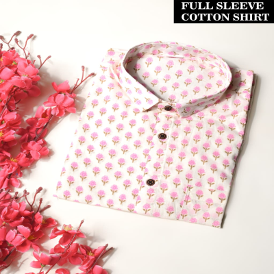 Pink and White Hand-Block Printed Cotton Shirt
