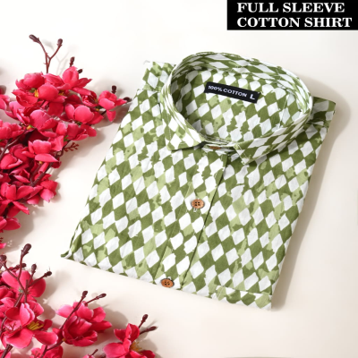 Green and White Hand-Block Printed Geometric Cotton Shirt