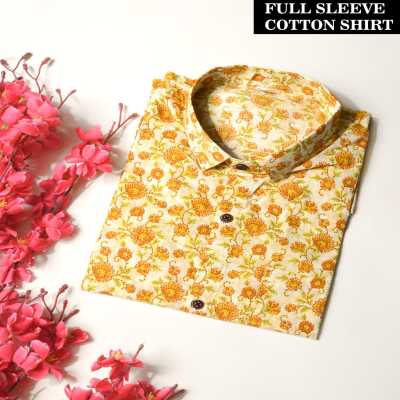 Cream and Orange Hand-Block Printed Floral Cotton Shirt