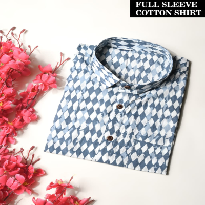 Blue and White Hand-Block Printed Geometric Cotton Shirt