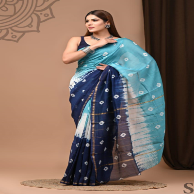 Authentic Blue and White Tie-Dye Chanderi Silk Saree