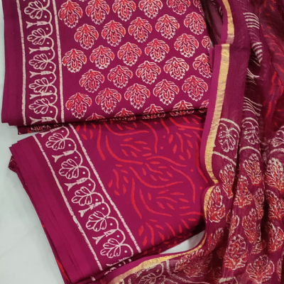 Hand Block Printed Cotton Unstitched Suit Set with Kota Doria Dupatta – Elegant Maroon Traditional Wear