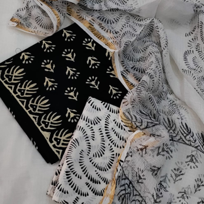 Hand Block Printed Black & White Cotton Unstitched Suit Set with Kota Doria Dupatta