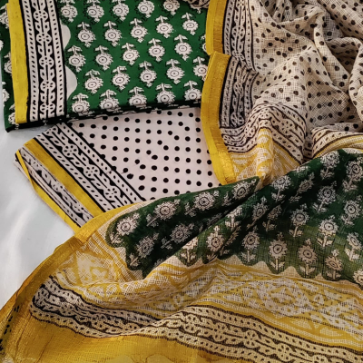 Hand Block Printed Green Cotton Unstitched Suit Set with Kota Doria Dupatta & Mustard Border
