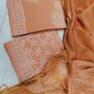 Hand Block Printed Peach Cotton Unstitched Suit Set with Kota Doria Dupatta & Golden Border