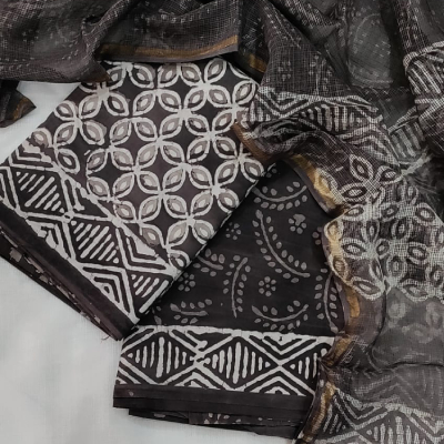 Hand Block Printed Charcoal Black Cotton Unstitched Suit Set with Kota Doria Dupatta