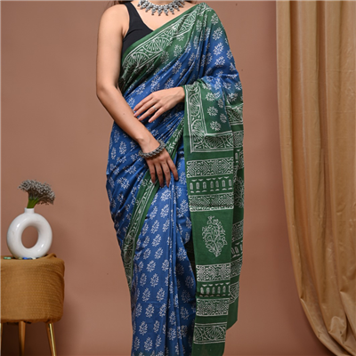 Hand Block Printed Mulmul Cotton Saree with Blouse – Blue & Green Traditional Design