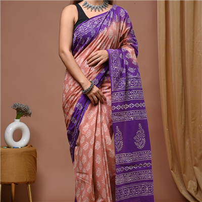 Artisan Hand Block Printed Mulmul Cotton Saree - Peach Purple Elegance