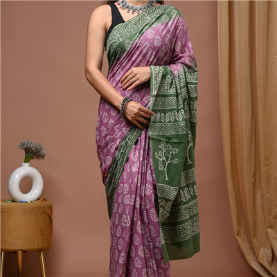 Lavender Grove Handblock Cotton Saree – Dual Shade Bagru Print Elegance