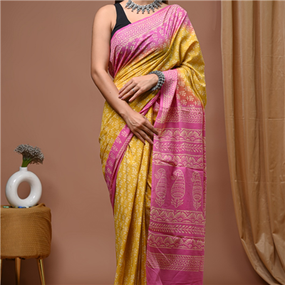 Sunset Bloom Handblock Cotton Saree – Yellow & Rani Pink Bagru Artistry