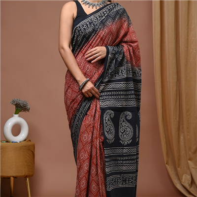 Rust Noir Heritage Handblock Cotton Saree – Black & Maroon Ajrakh-Inspired Elegance”