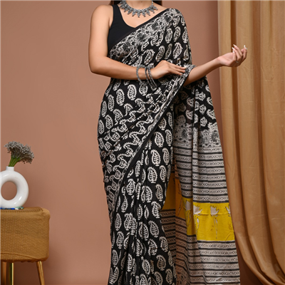 Noir Flora Handblock Cotton Saree with Mustard Artisan Pallu