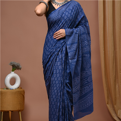 Indigo Blue Handblock Print Cotton Mulmul Saree with Blouse