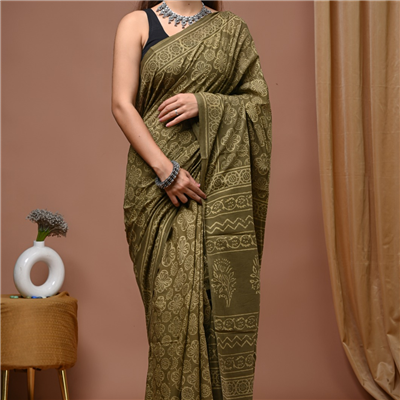 Blockart Hand Block Print Cotton Saree - Olive Green Floral Motif