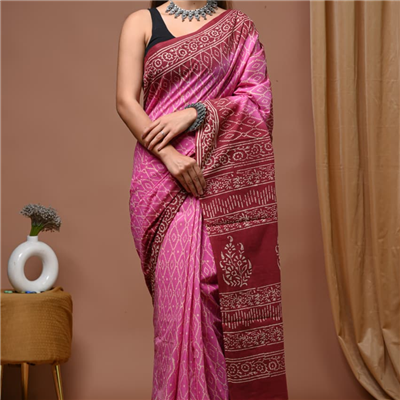 Blockart Hand Block Print Mulmul Saree - Ruby & Pink Geometric Design