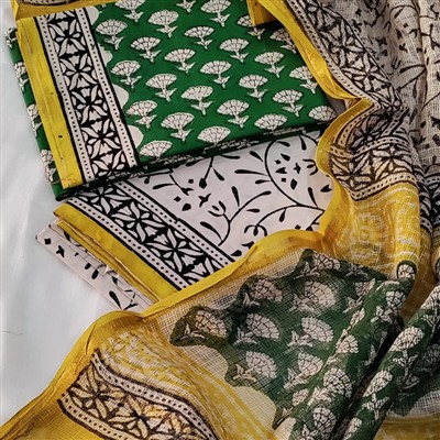 Handcrafted Green and White Floral Block Print Cotton Suit with Kota Doria Dupatta