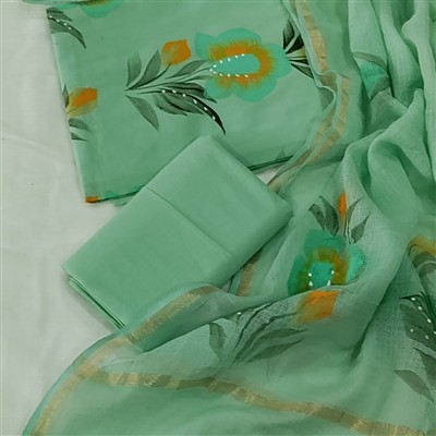 Handcrafted Floral Green Cotton Suit with Kota Doria Dupatta